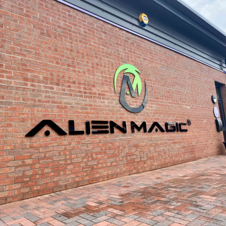 Laser-cut acrylic wall sign installed on an exterior business wall
