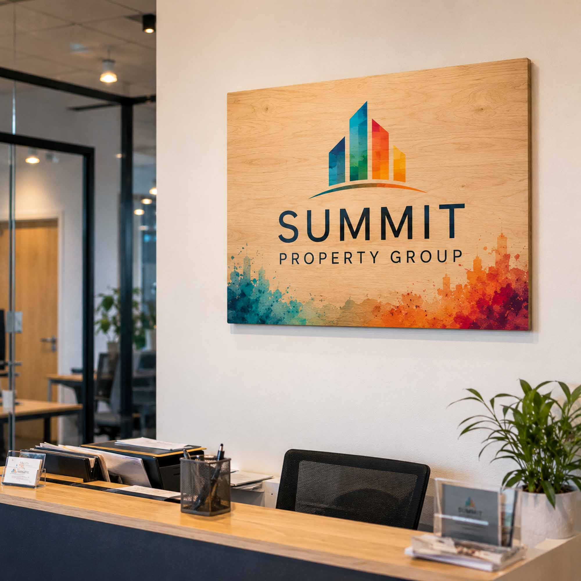 Custom printed wooden office-reception environment