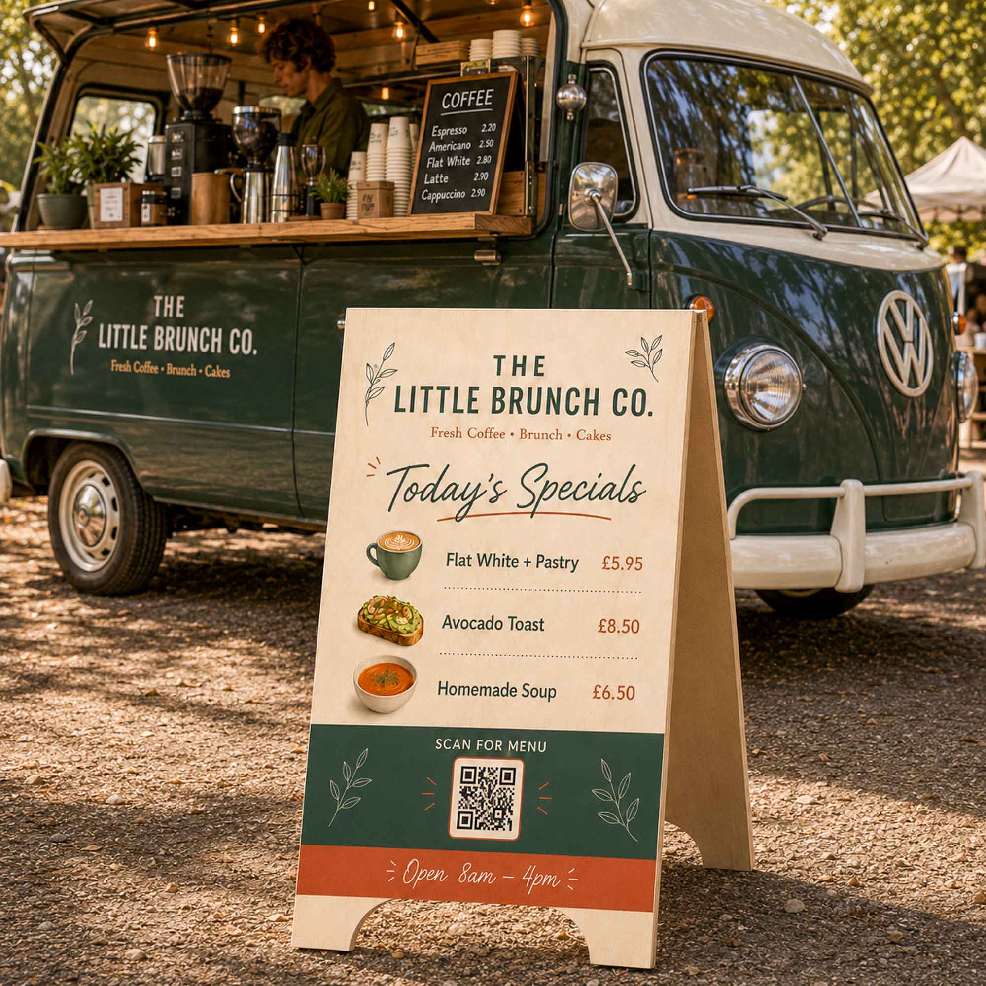 Wooden A-board for mobile cafe UV printed design