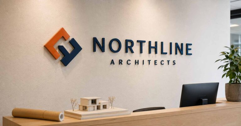 Matt navy and mirror gold 3D logo sign mounted behind a modern office reception desk