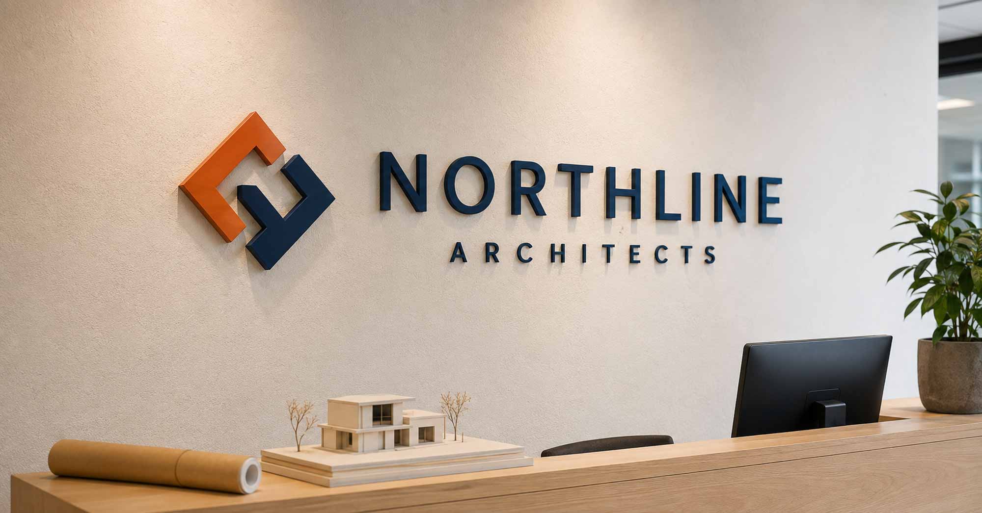 Matt navy and mirror gold 3D logo sign mounted behind a modern office reception desk