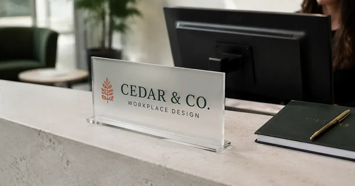 Freestanding custom acrylic logo sign displayed on an office reception desk