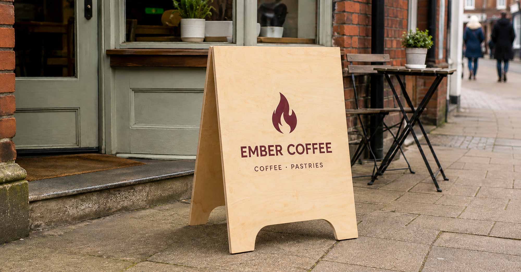 Wooden A board sign on the street in front of caffe