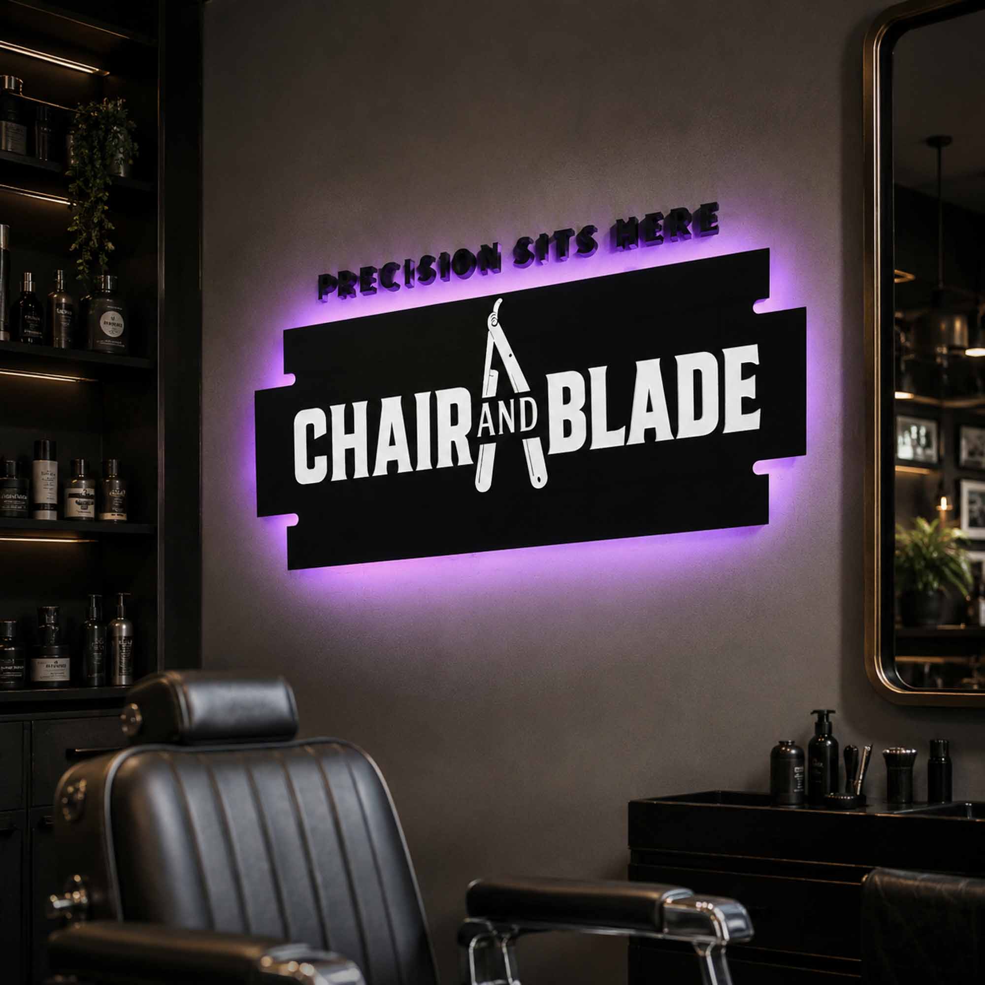 Illuminated led acrylic sign on barbers wall