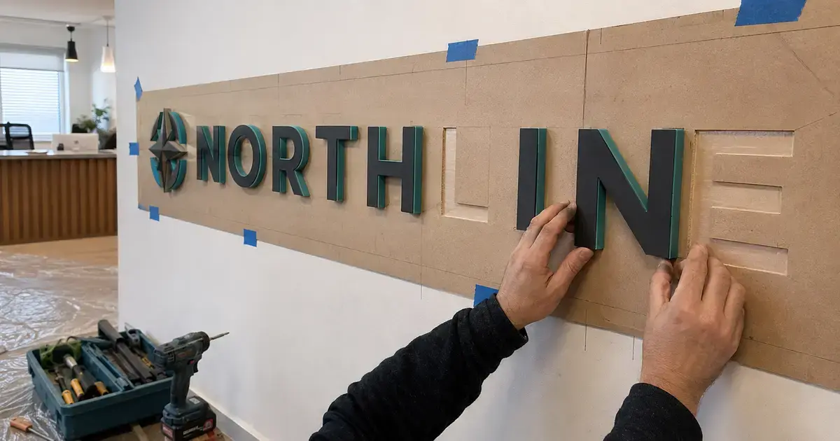 Installing separate 3D office logo letters using a full-size positioning template