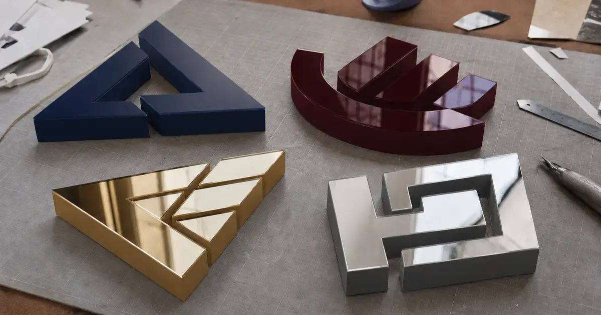 Matt, gloss, mirror gold and mirror silver acrylic-faced 3D logo sign samples
