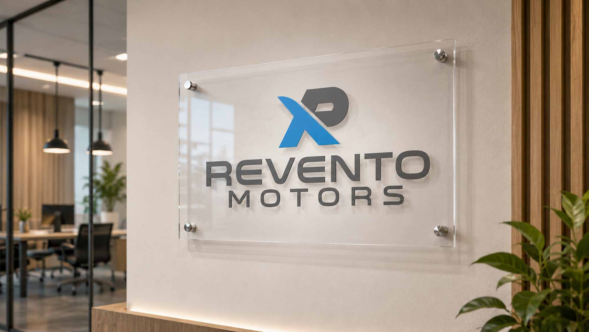 Clear acrylic business logo wall plaque with metal stand-off fixings in a modern